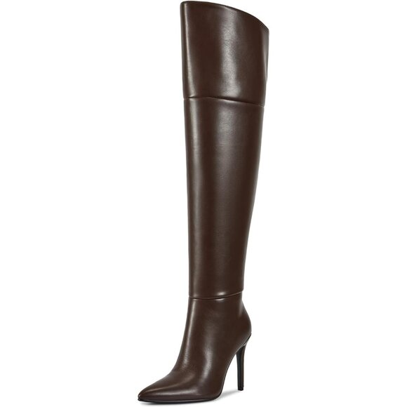 Women Chocolate Faux Leather Ponited Toe Zipper up Thigh High Stiletto Heel Boot - Picture 2 of 6